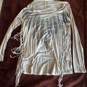 Vocal Beige Long Sleeve Top with Silver Fringe